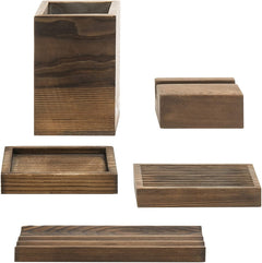 Rustic Torched Wood Table Top Home Office Desk Organizer Accessories Set  5-Piece