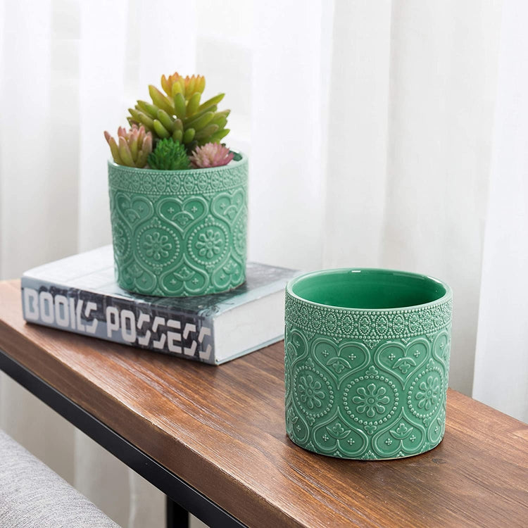 2 Pack of 4-Inch Aqua Green Ceramic Floral Embossed Succulent Planter Pots, Pots for Indoor Plants-MyGift