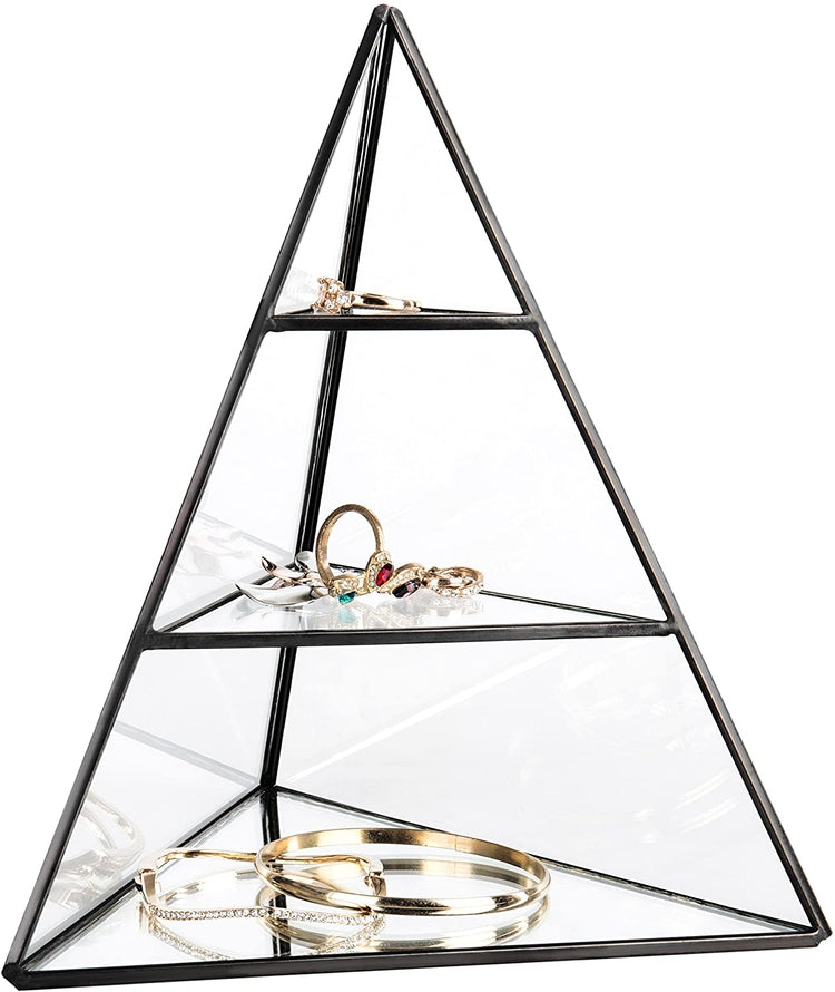 3-Tier Glass Pyramid Jewelry Stand Display Case with Black Metal Frame-MyGift