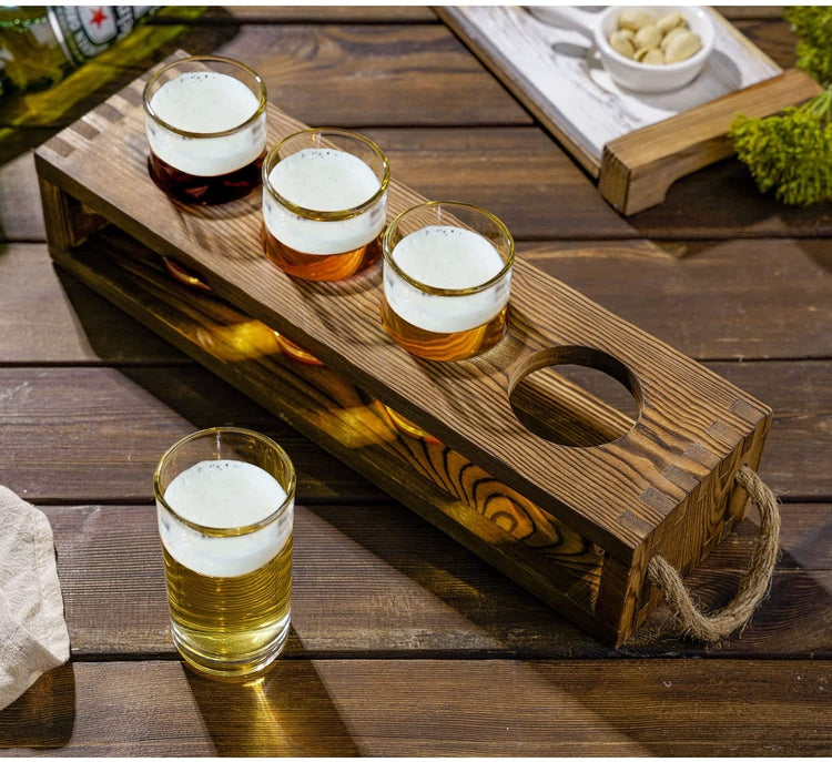 Beer Tasting Flight Serving Caddy Set with Dark Brown Wood Tray and Four 5 oz Sampler Glasses-MyGift