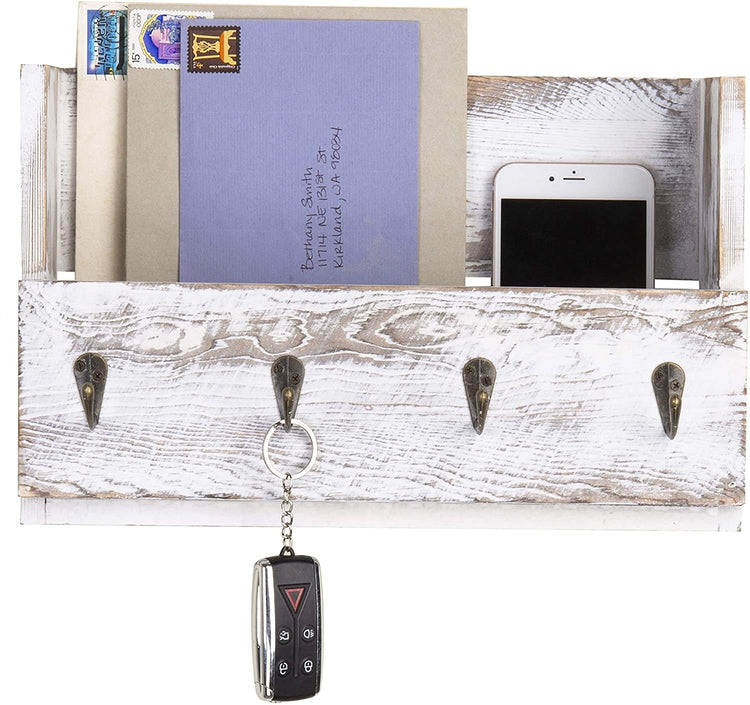 Wall-Mounted Wooden Mail Holder Organizer in Rustic Whitewash with 4 Key Hooks-MyGift