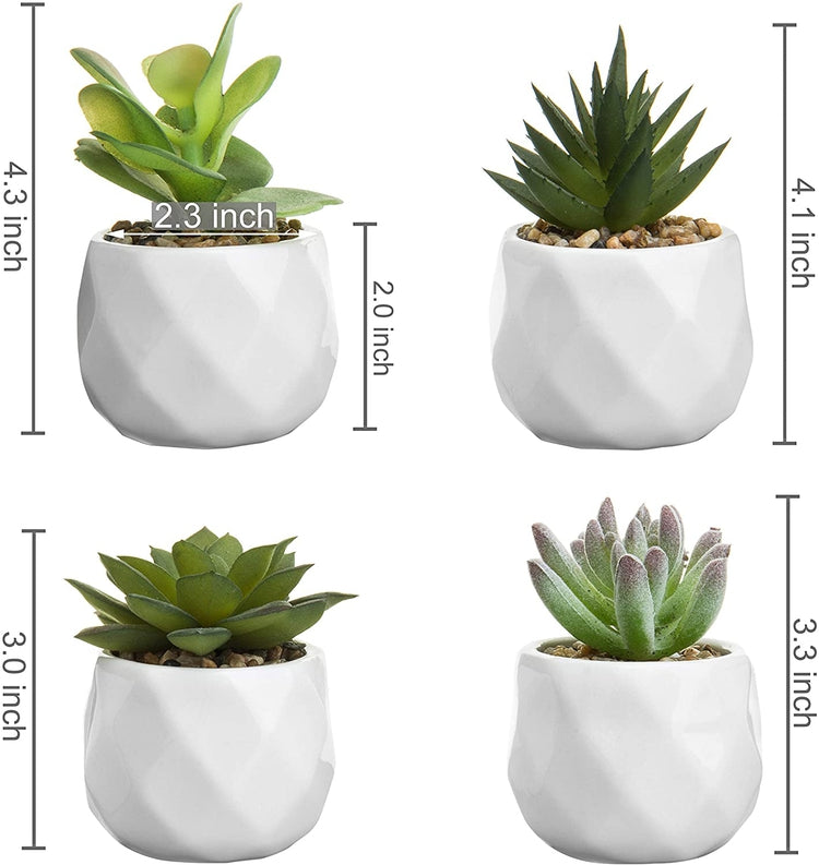 Set of 4, Mini Faux Assorted Succulent Plants in Geometric White Ceramic Planters-MyGift