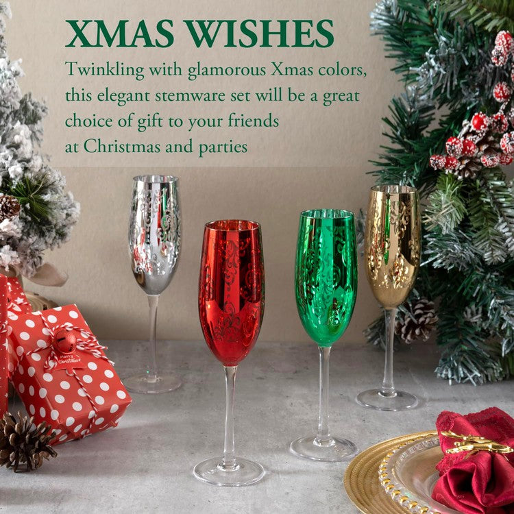 Set of 4, 6 oz Christmas Metallic Plated Stemmed Champagne Flutes, Holiday Multicolored Toasting Sparkling Wine Glasses-MyGift