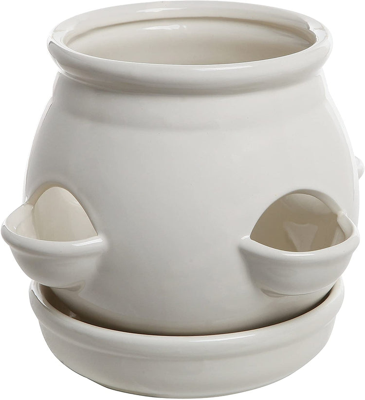 Decorative 4 Side Openings White Ceramic Planter Pot with Saucer-MyGift