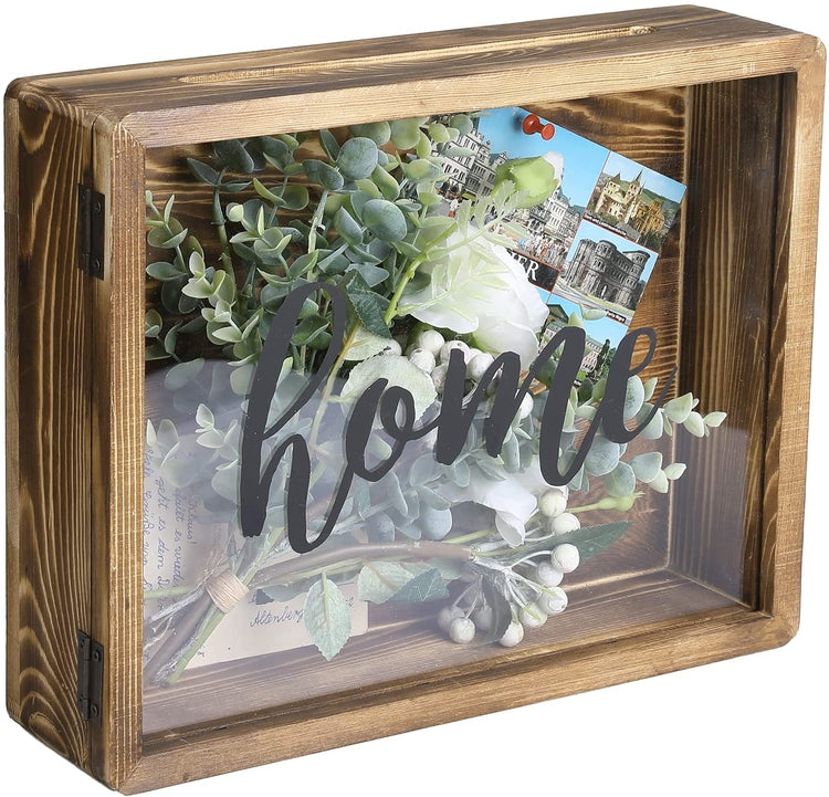 11 x 14 Burnt Wood Wall Mounted Shadow Box Frame Cabinet with Clear Acrylic Paneled Cursive Hinged Door HOME Word Decal-MyGift