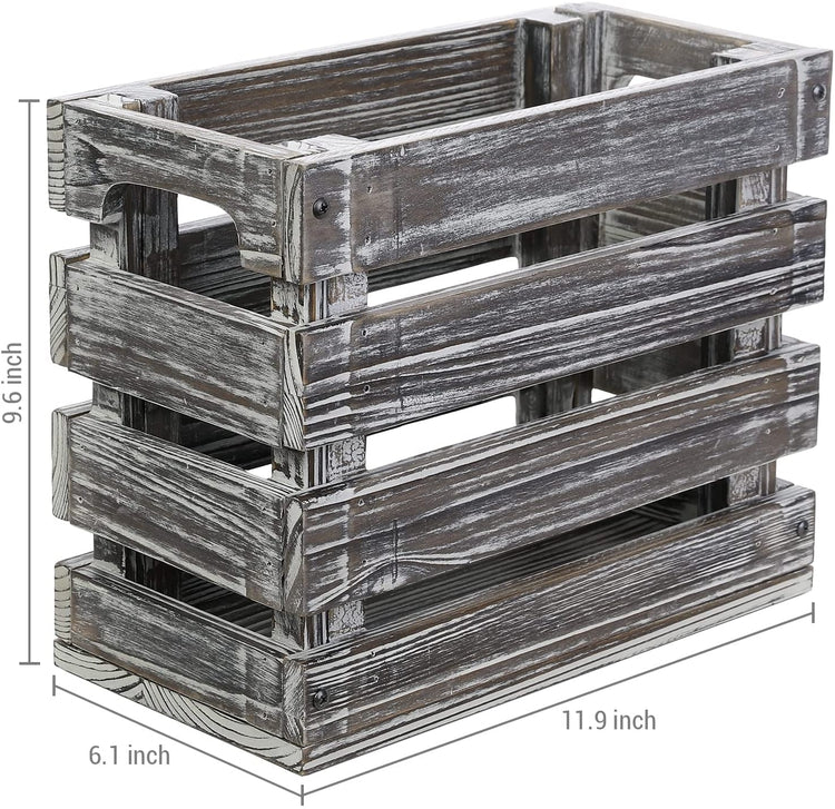 Torched Wood Magazine Holder Bathroom Storage Organizer Basket Crate with Cutout Handles-MyGift