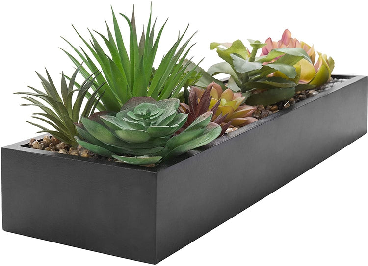 Artificial Succulent Plant Arrangement in Modern Black Wood Planter Pot-MyGift