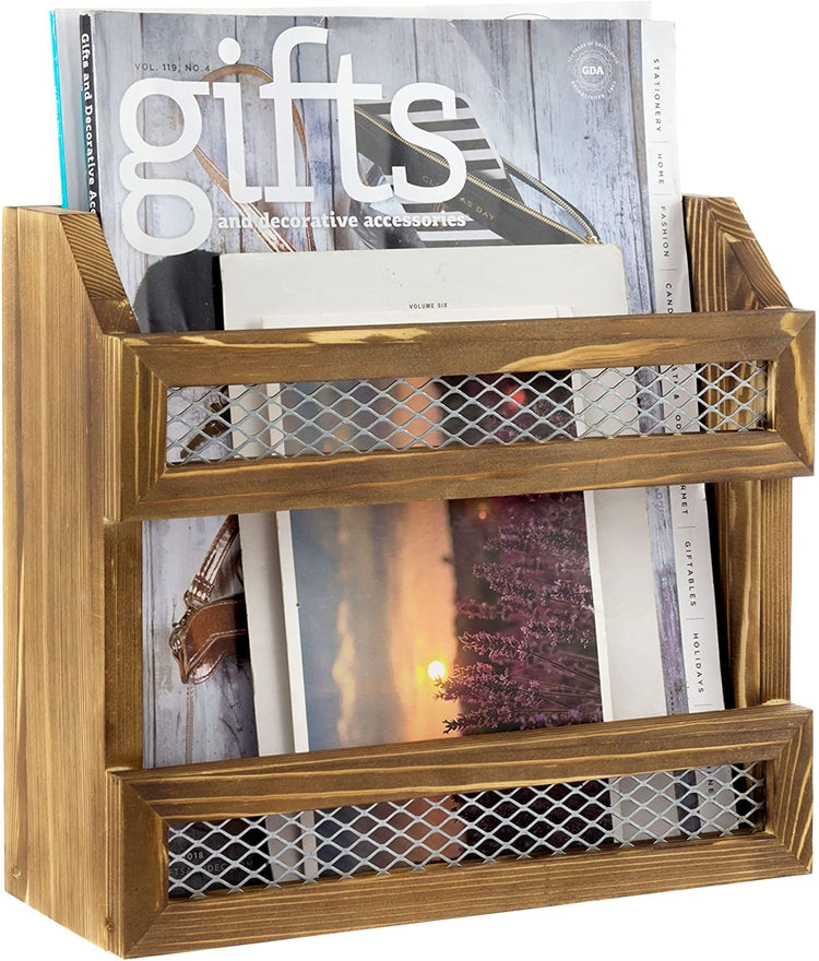 Burnt Wood Magazine Holder with Chicken Wire Rail, Wall Mountable Storage Organizer Rack for Upright Magazine Display-MyGift