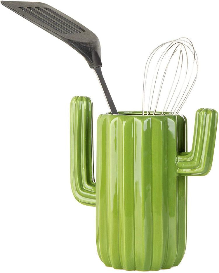Green Ceramic Cactus-Shaped Utensil Holder-MyGift