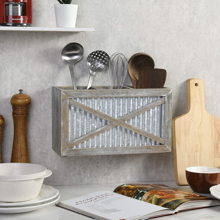 Countertop Kitchen Utensil Holder with Whitewashed Wood and Corrugated Metal, Wall Mounted Cooking Tool Caddy-MyGift