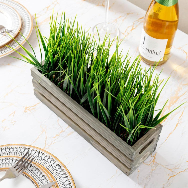 12 Inch Artificial Green Grass Plant in Vintage Gray Brown Solid Wood Planter Box, Rectangular Crate Style Container-MyGift
