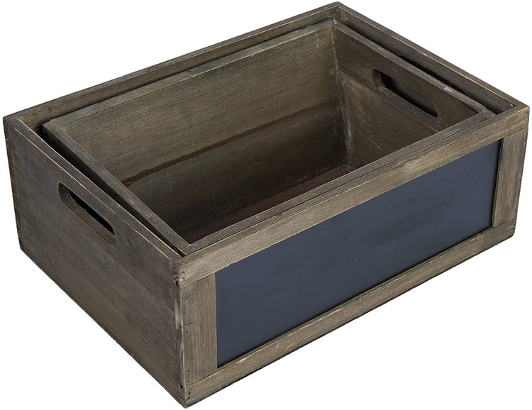 Set of 2 Rustic Brown Wood Nesting Storage Crates with Chalkboard Front Panel and Cutout Handles-MyGift