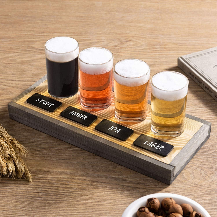 Gray & Burnt Wood Beer Flight Server Sampler Set with 4 Glasses and Chalkboard Labels-MyGift