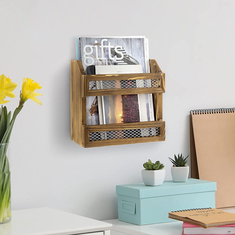 Burnt Wood Magazine Holder with Chicken Wire Rail, Wall Mountable Storage Organizer Rack for Upright Magazine Display-MyGift