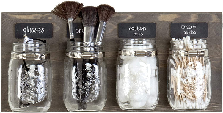 Rustic Brown Wood Wall-Mounted Organizer with 4 Mason Jars and Chalkboard Labels-MyGift