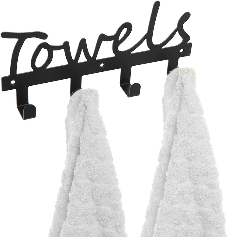 Wall Mounted Black Metal Towels Sign with 4 Hooks, Kitchen and Bathroom Towel Rack-MyGift