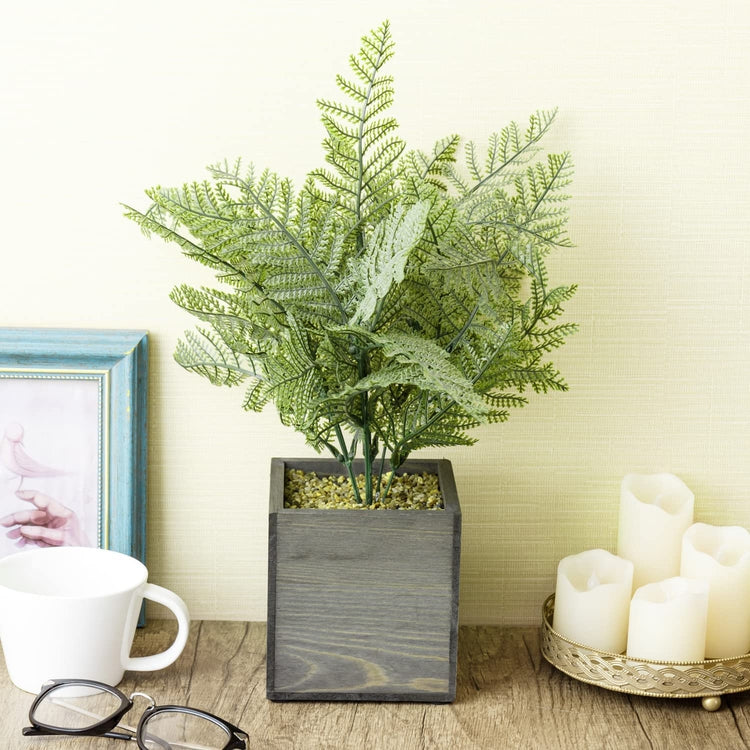 Fake Fern Plant, Artificial Greenery, Maidenhair Potted Faux Fern in Gray Wood Square Planter Pot-MyGift