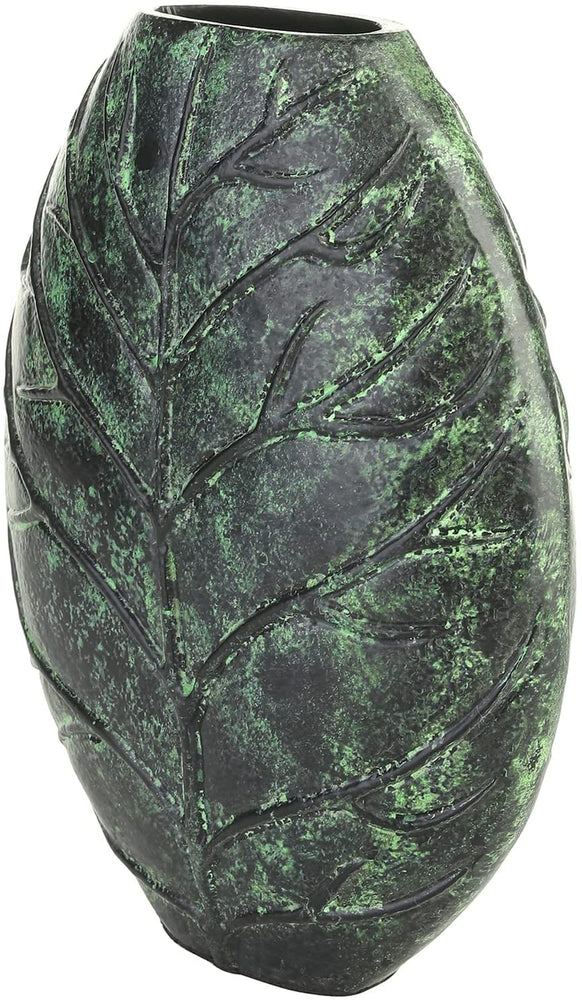 Decorative Flower Vase, Handcrafted Green Aluminum 10 Inch Tall Vase with Intricate Embossed Leaf Design-MyGift