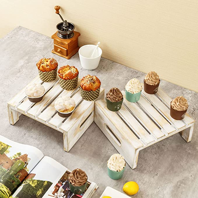 Whitewashed Wood Square Cupcake, Cake, Food Display Stands with Handles, Set of 2-MyGift