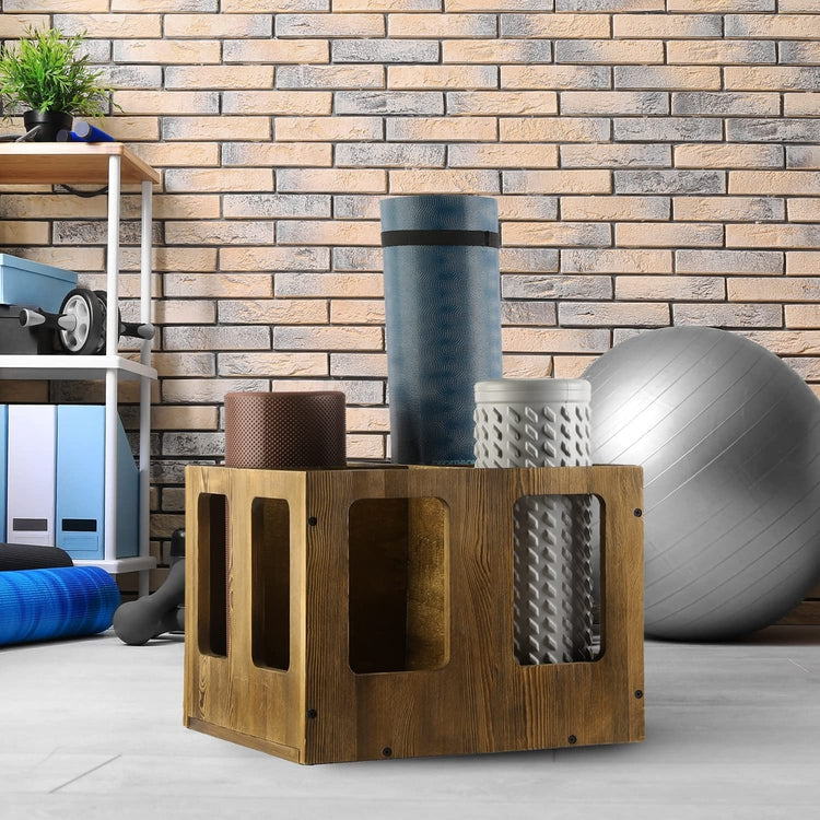 Brown Wood Foam Roller Storage Organizer, Wall Mounted or Freestanding Holder Rack for Yoga Mats and Gym Accessories-MyGift