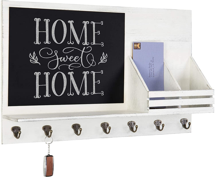 Rustic White Wood Wall Mounted Mail Sorter with Chalkboard, Shelf and Key Hooks for Office Organization-MyGift