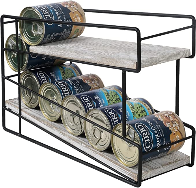 2 Tier Whitewashed Wood and Black Metal Wire Can Rack Organizer, 2-Tier Canned Food Dispenser Storage Organizer Rack-MyGift