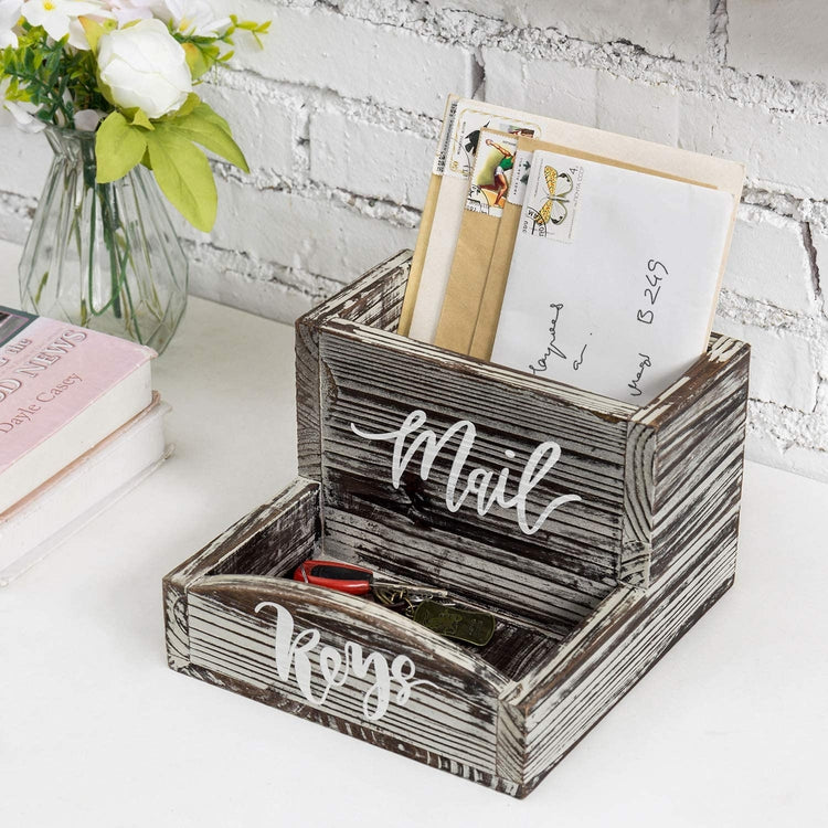 Torched Wood Tabletop Mail Organizer and Key Holder with Stylish Cursive Labels-MyGift