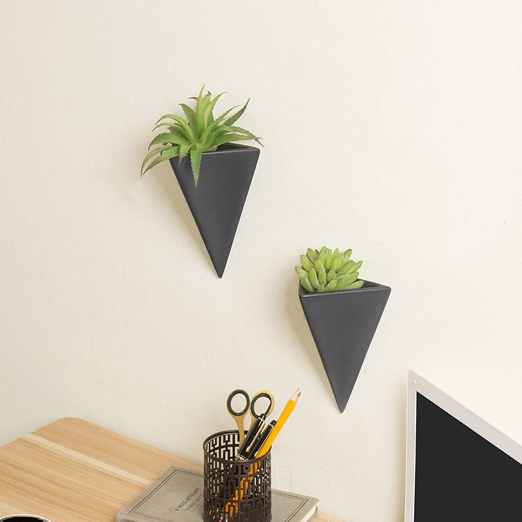 Set of 2, Pyramid Black Ceramic Wall-Mounted Sconce-Style Succulent Planter Vases-MyGift