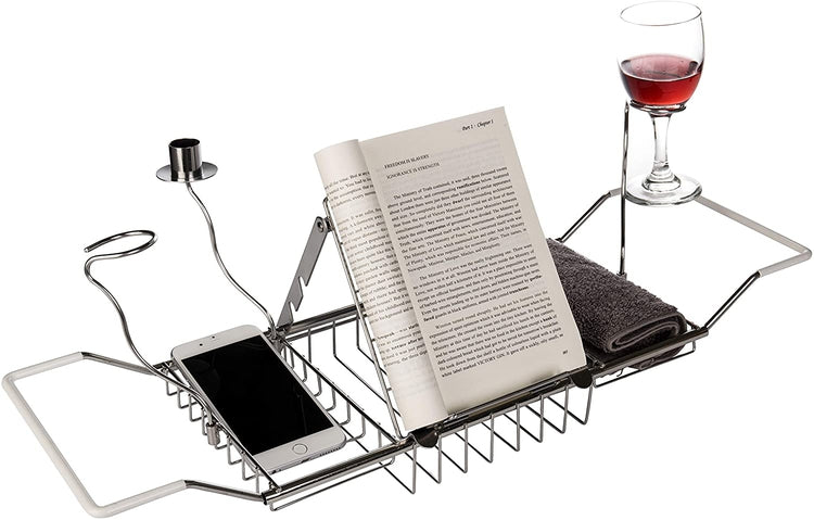 Metal Chrome Extendable Bathtub Caddy with 2 Wineglass Holders, Book Stand and Candleholder-MyGift
