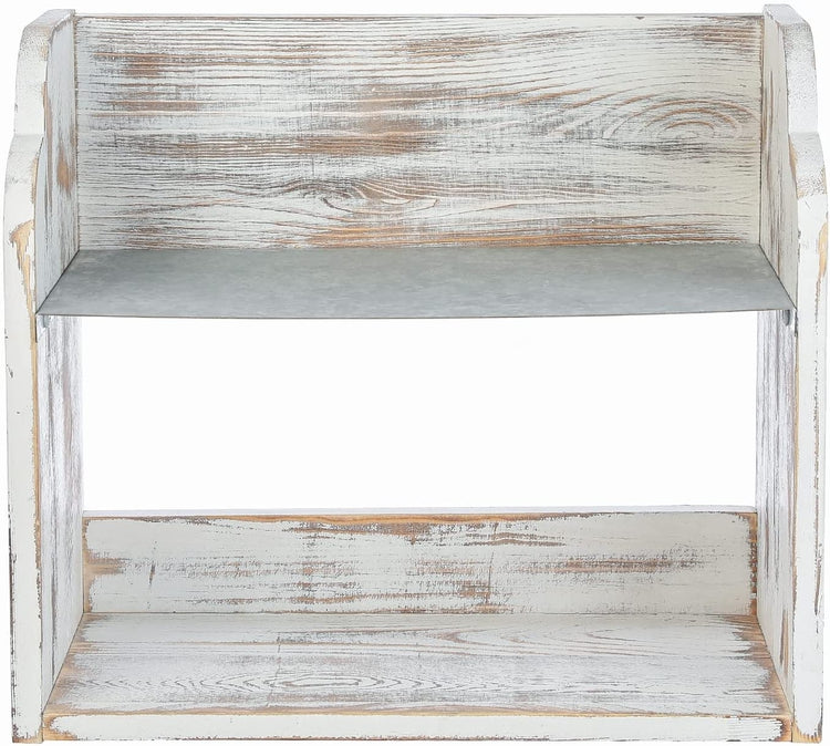 Whitewashed Wood Desk Shelf with Galvanized Metal Top Shelf, 2 Tier Desktop Bookshelf, Stationery Storage Organizer-MyGift