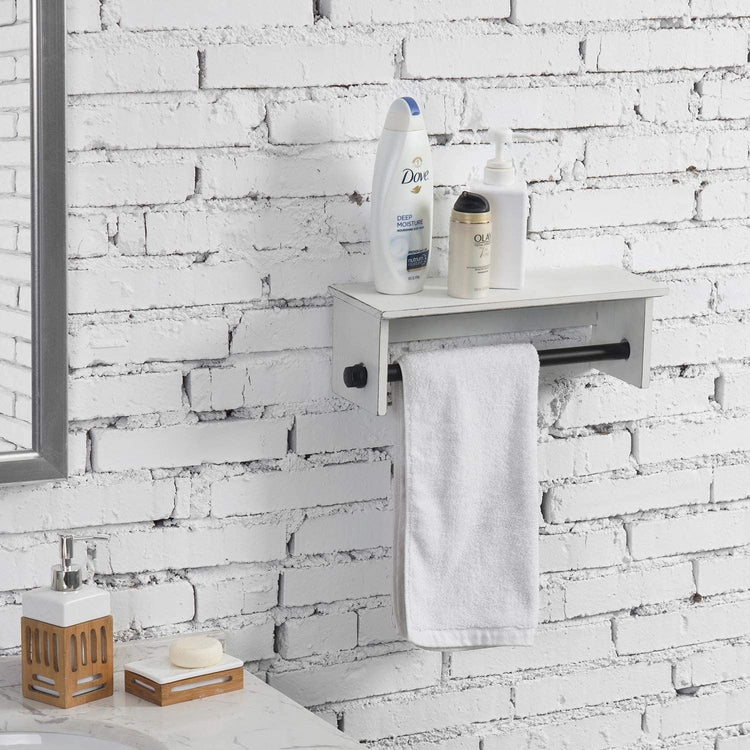 Rustic Whitewashed Wood and Metal Pipe Towel Hanging Rack with Top Shelf-MyGift
