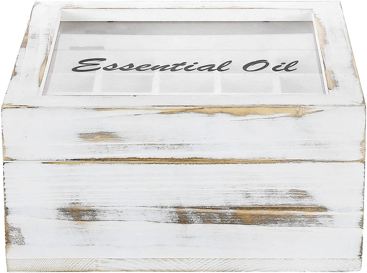 Whitewashed Wood Essential Oil Holder Box with Black Cursive "Essential Oil" Label-MyGift