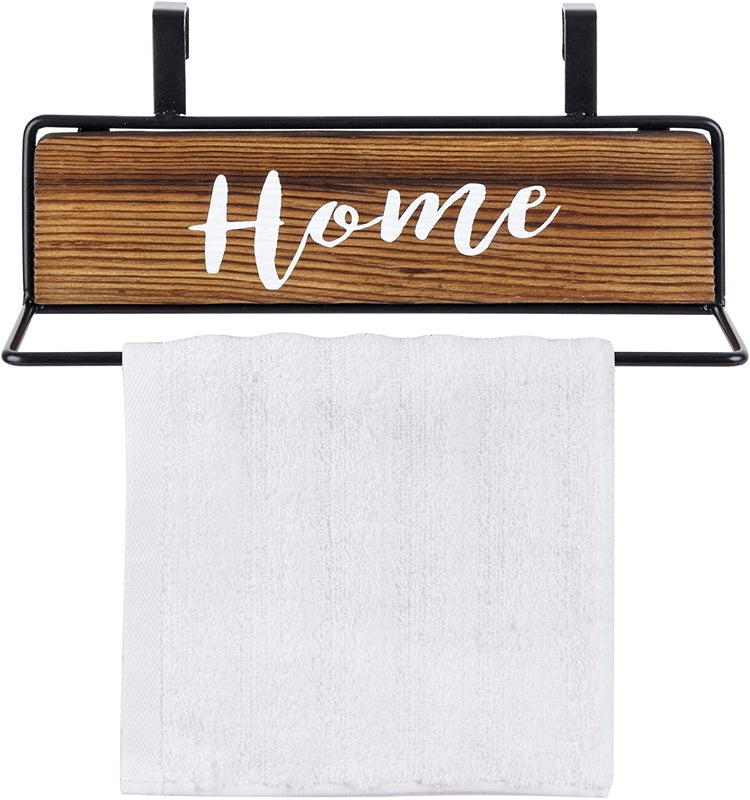 Burnt Wood and Black Metal Over Cabinet Door Kitchen Hand Towel Bar Rack Hanger with White Cursive “HOME" Writing-MyGift