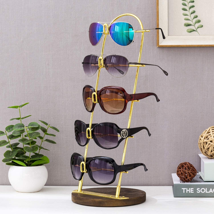 goggles stand 5-Tier Gold Metal Sunglasses Display Stand with Brown Wood Jewelry Holder Base, Retail Eyewear Rack