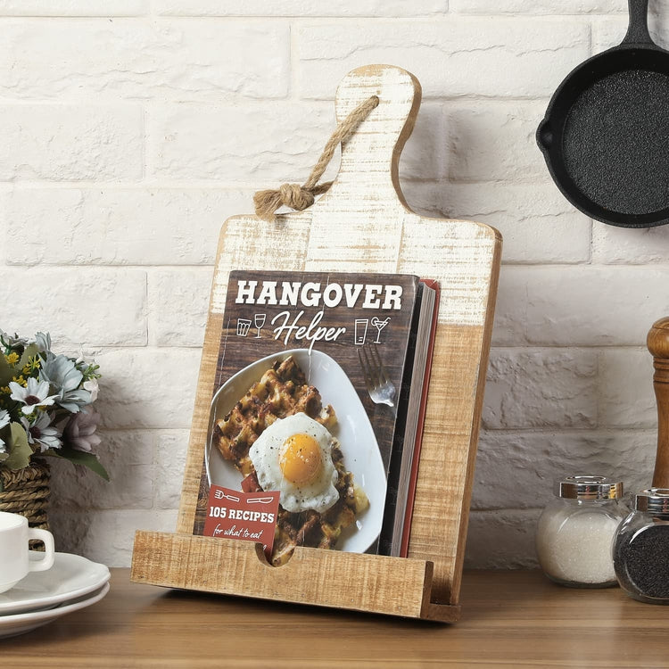 Cutting Board Shaped Cookbook Stand, Distressed Whitewashed Burnt Wood Recipe Book Holder, Countertop Tablet Easel Stand-MyGift