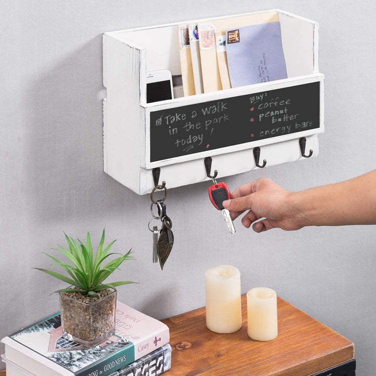 White Wood Wall Mounted Entryway Rack w/ Chalkboard-MyGift