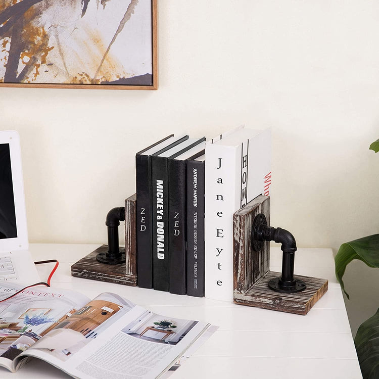 Industrial Urban Torched Wood and Black Metal Pipe Bookends (1 Pair)-MyGift