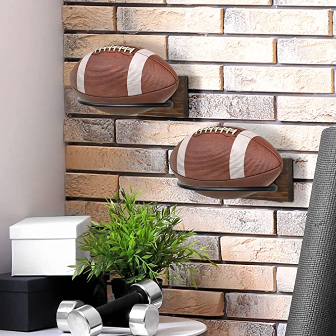 Wall Mount Football Display Rack, Wood and Industrial Black Metal Sports Ball Holder, Set of 2-MyGift