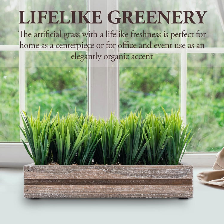 0.5 Inch Artificial Green Grass Plant in Brown Wood Planter Window Box, Tabletop Plant Container-MyGift