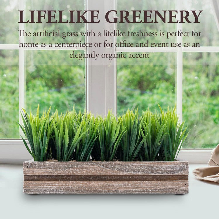 Artificial Green Grass Plant in Vintage Weathered Wood Planter Window Box, Plant Container-MyGift