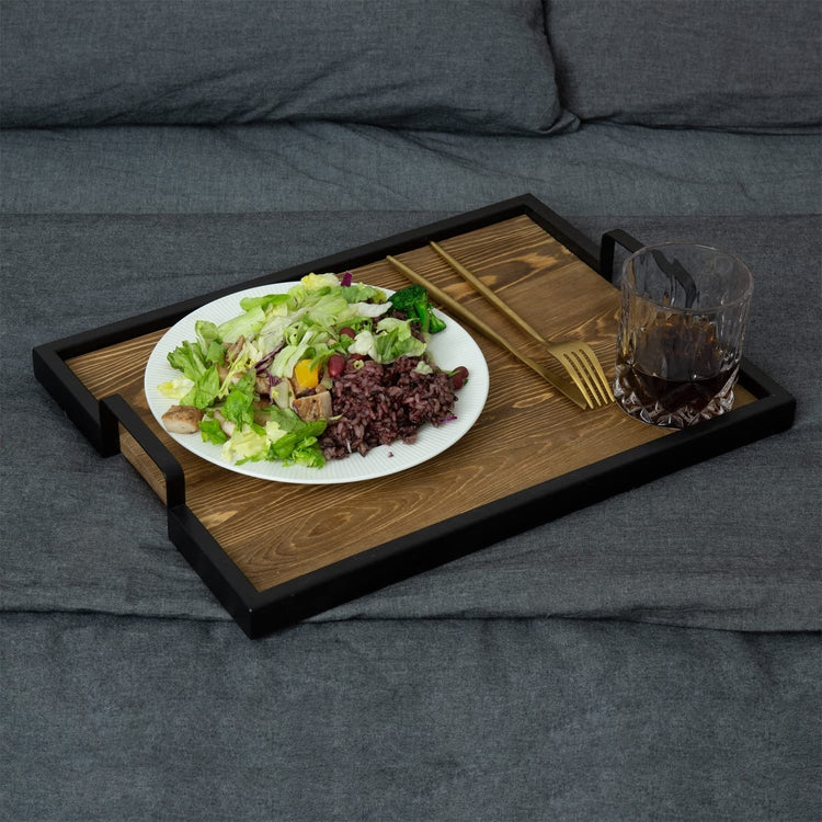 Burnt Wood Appetizer Serving Tray with Handles and Industrial Black Metal Frame-MyGift