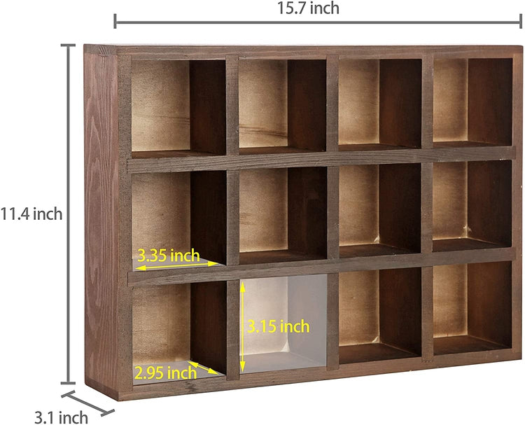 12 Compartment Freestanding or Wall Mounted Shadow Box, Brown Wood Display Shelf-MyGift