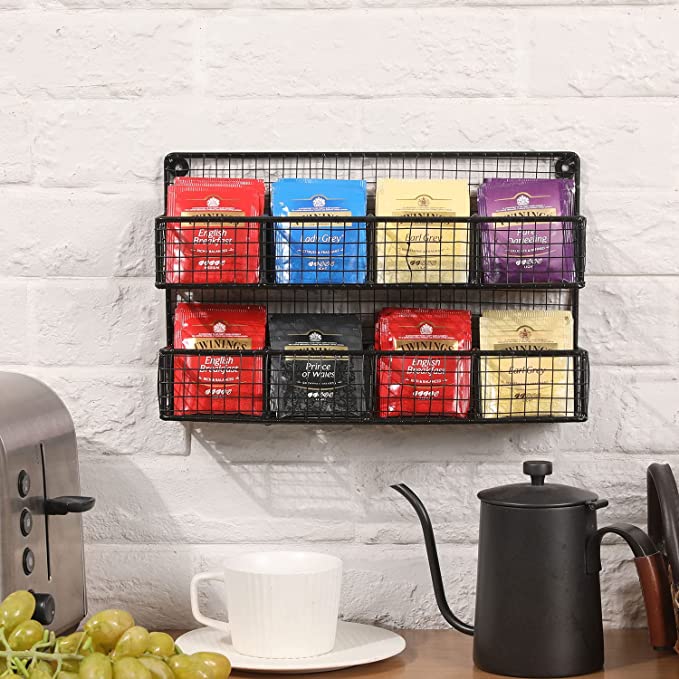 Wall Mounted Rustic Matte Black Metal Mesh Wire Tea Bag Organizer Rack with 8 Compartments-MyGift