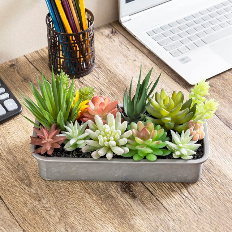 Artificial Assorted Succulents in Rectangular Galvanized Metal Window Box Style Planter, Tabletop Faux Plant Centerpiece-MyGift