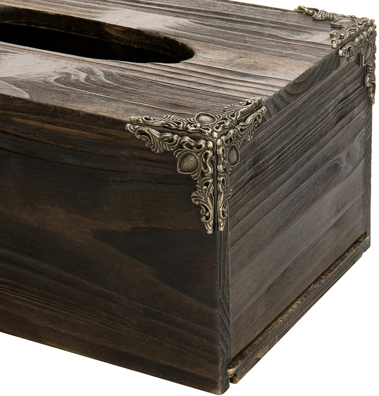 Black Burnt Wood Rectangular Tissue Box Cover with Vintage Metal Corner Brackets-MyGift