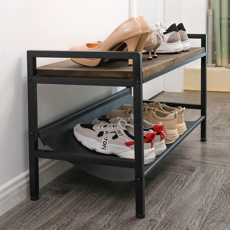 Burnt Wood Entryway Shoe Rack Bench with Black Metal Frame and Leatherette Footwear Storage Sling-MyGift