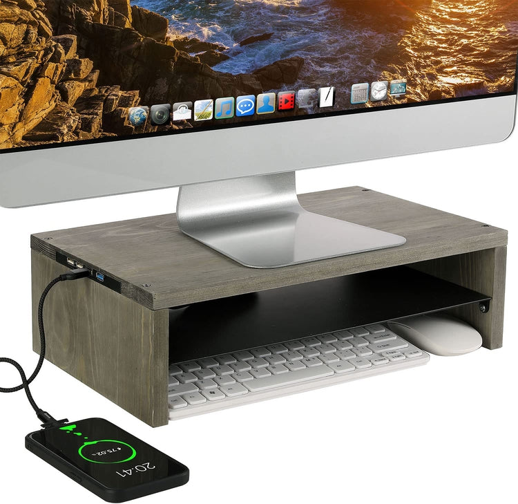 USB Enabled Monitor Stand, Ergonomic Computer Screen Desktop Workstation Riser with USB Ports-MyGift