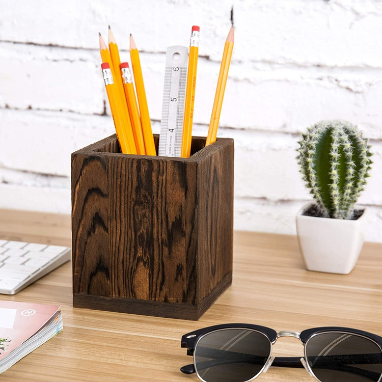 Dark Brown Wood Desktop Pen & Pencil Holder Cup, Office Supply Caddy-MyGift