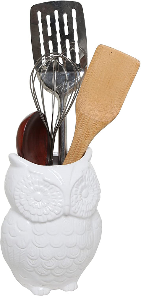 White Owl Ceramic Cooking Utensil Holder, Multipurpose Kitchen Storage Crock-MyGift