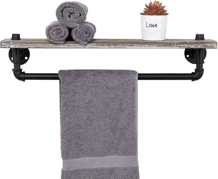 Wall Mounted Rustic Torched Wood Shelf and Industrial Pipe Towel Bar-MyGift